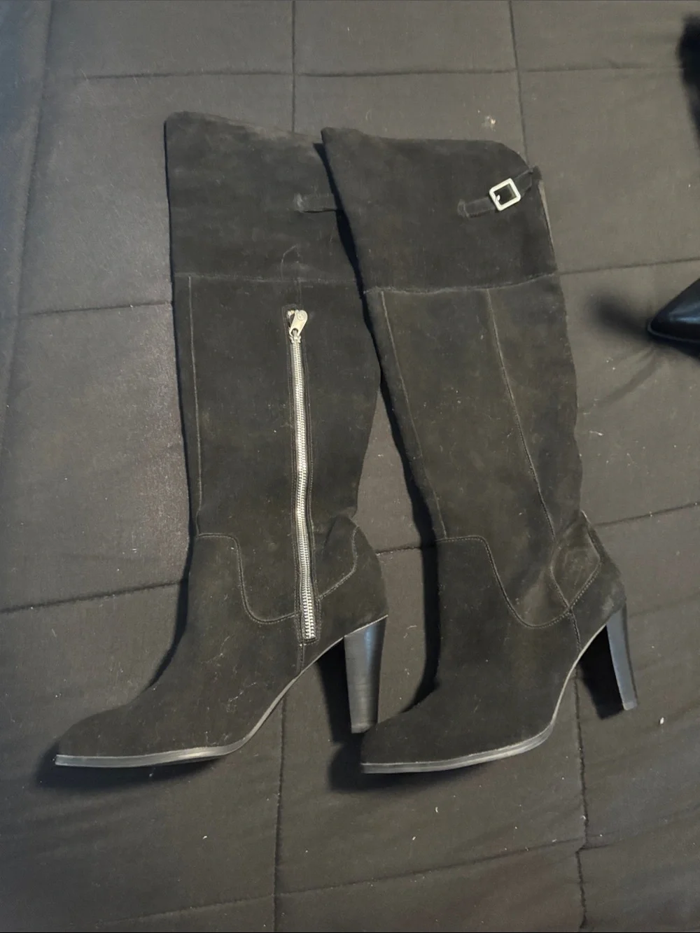 Adrienne Vittadini Black Suede Over-the-Knee Buckle Zip Boots